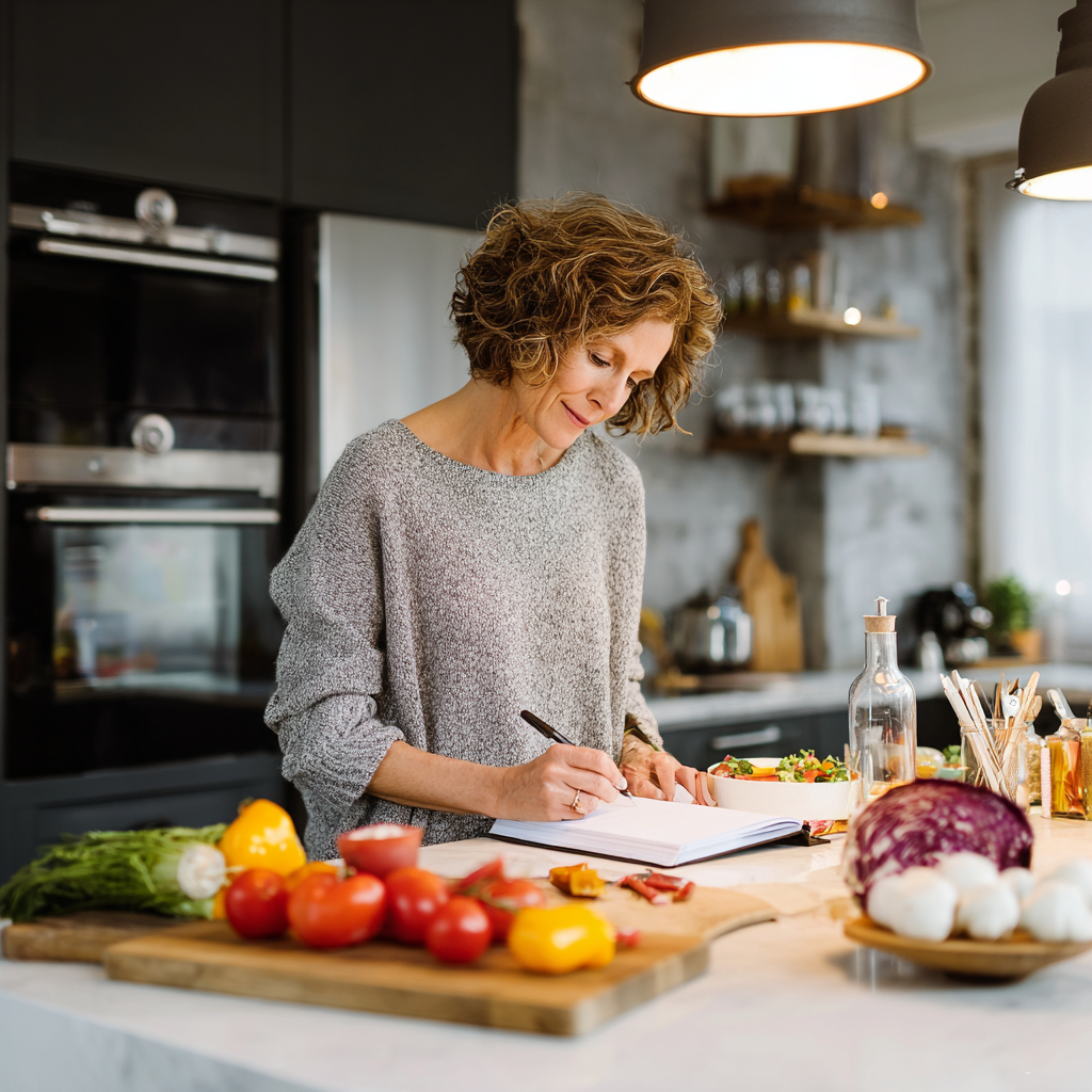 Middle-aged woman planning healthy meals in a modern kitchen