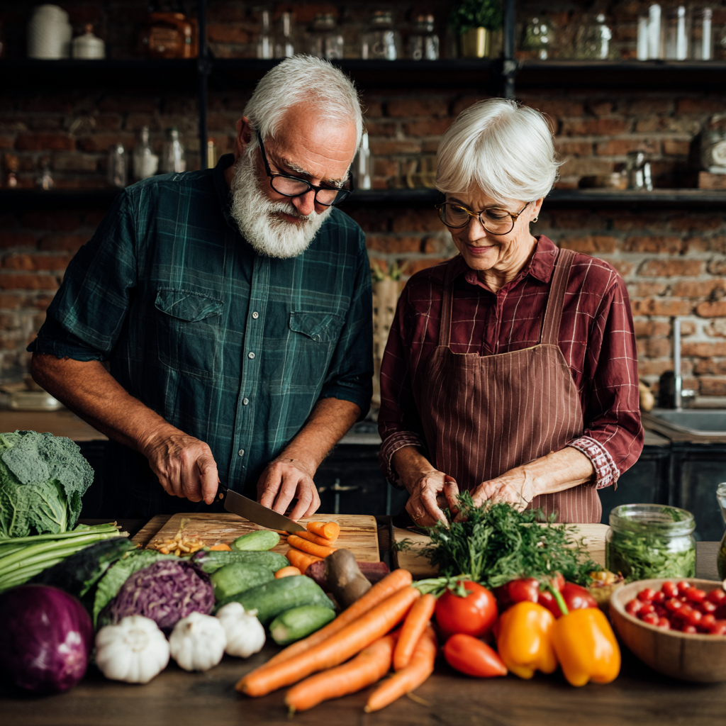 Senior couple cooking together with fresh vegetables and healthy ingredients